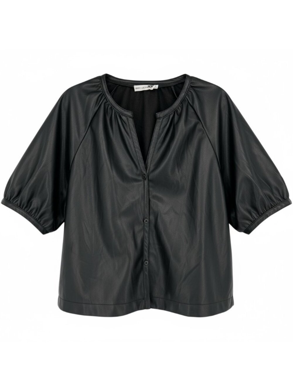 Avec Les Filles Faux Leather Short Sleeve Black Blouse Size XL NWT Edgy Chic - Picture 1 of 10